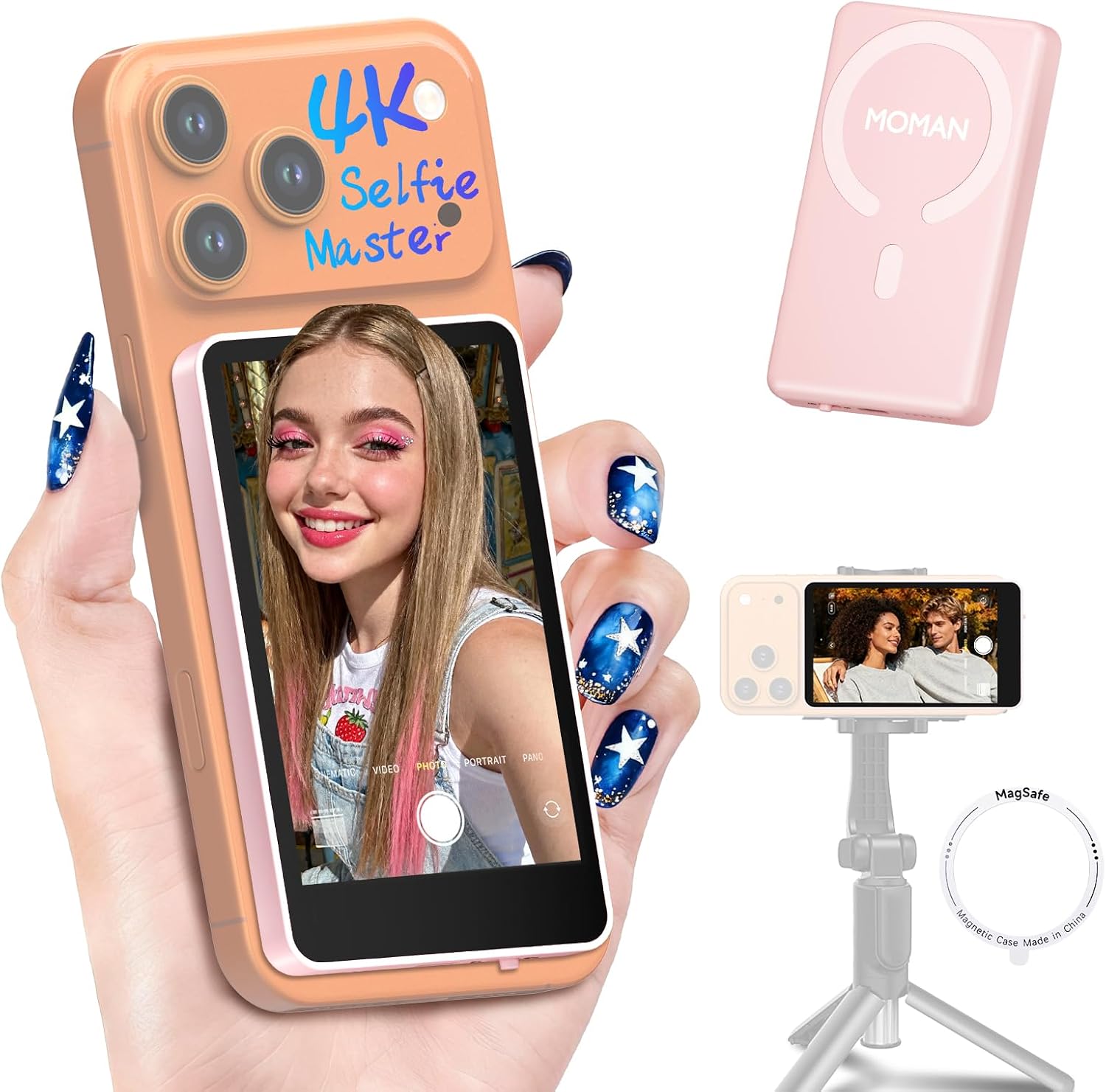 Moman Phone Vlog Selfie Monitor Screen for iPhone 7-17 & Android, 3H Battery 1080P/4K Magnetic Back Camera Wireless Monitor for Selfie Vlog Tiktok YouTube Video Record Live Content Creation, Pink