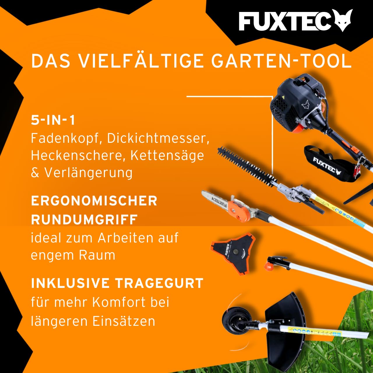 FUXTEC Benzin Motorsense FX-MT252ER 5in1 Multitool, 52 CCM, Tragegurt inkl. 1m Verlängerung 3 PS Kombigerät Heckenschere mit verstellbarem Hochentaster Kombisystem Freischneider 2-Takt