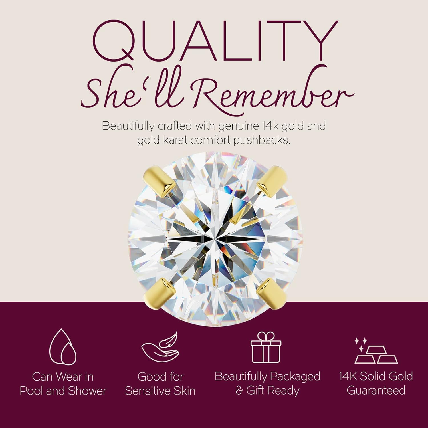 Solid 14k Yellow Gold Solitaire Round Cubic Zirconia CZ Stud Earrings with 14k Gold Butterfly Push Backings - Image 4