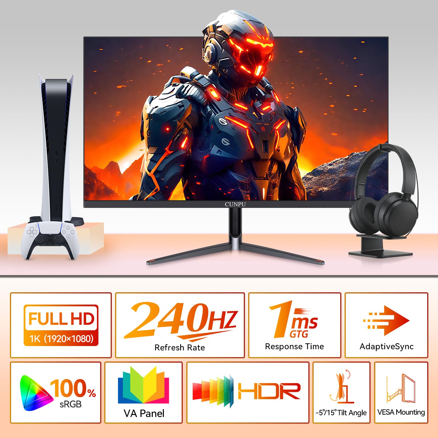 CUNPU Monitor de juego de 24,5 pulgadas hasta 240 Hz, 1080p FHD, panel VA, sincronización adaptativa 1 ms, colores 8 bits 16,7 M, sRGB 100%, HDMI 2.1 y DP 1.4, VESA, cuidado de los ojos, para PS5