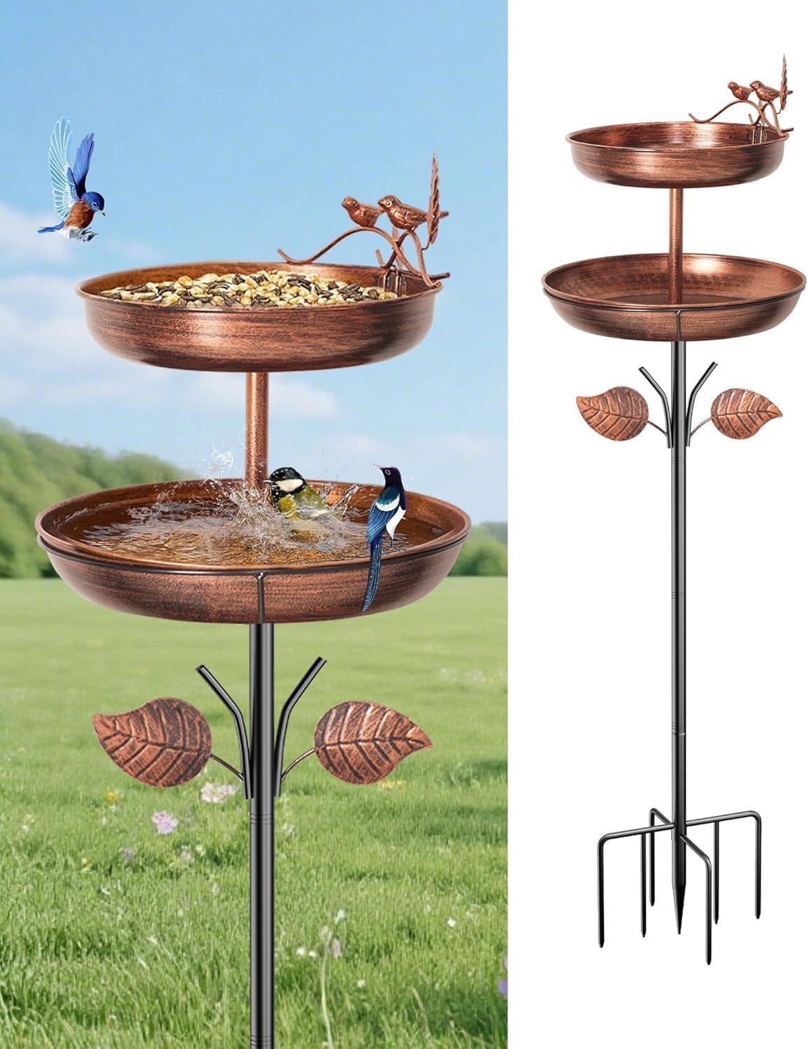 Metal Bird Bath for Outside, 46In Tall Birdbath Feeder Bowl with Stake for Outdoors, Detachable Double Bird Bath Feeder Bowls for Garden Patio Yard Lawn Decor, Upgraded 6-Pronged Base