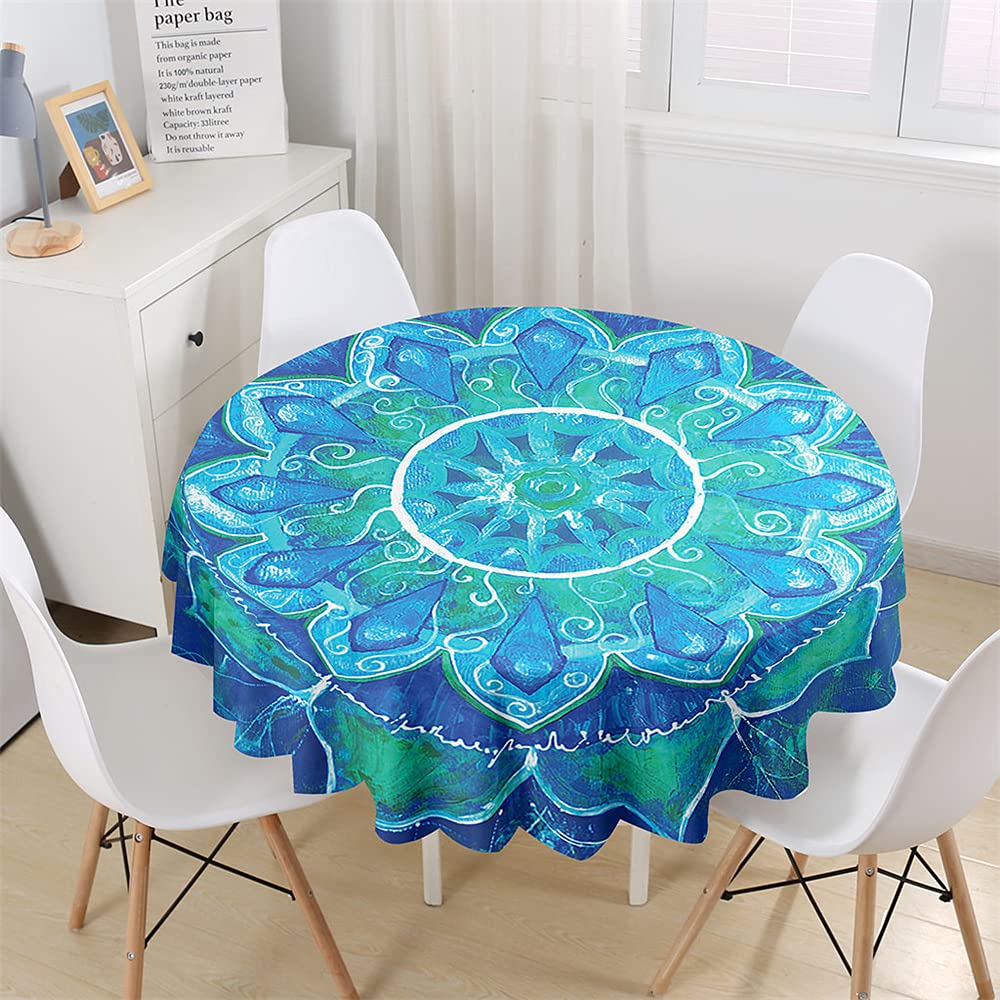 Chickwin-Shop Blue Chickwin Round Tablecloth Creative Colorful Bohemia Waterproof Dust-Proof Polyester Fabric Outdoor Table Cloth Wipe Clean Table Cover Kitchen Garden Round Table Decor (,120Cm)