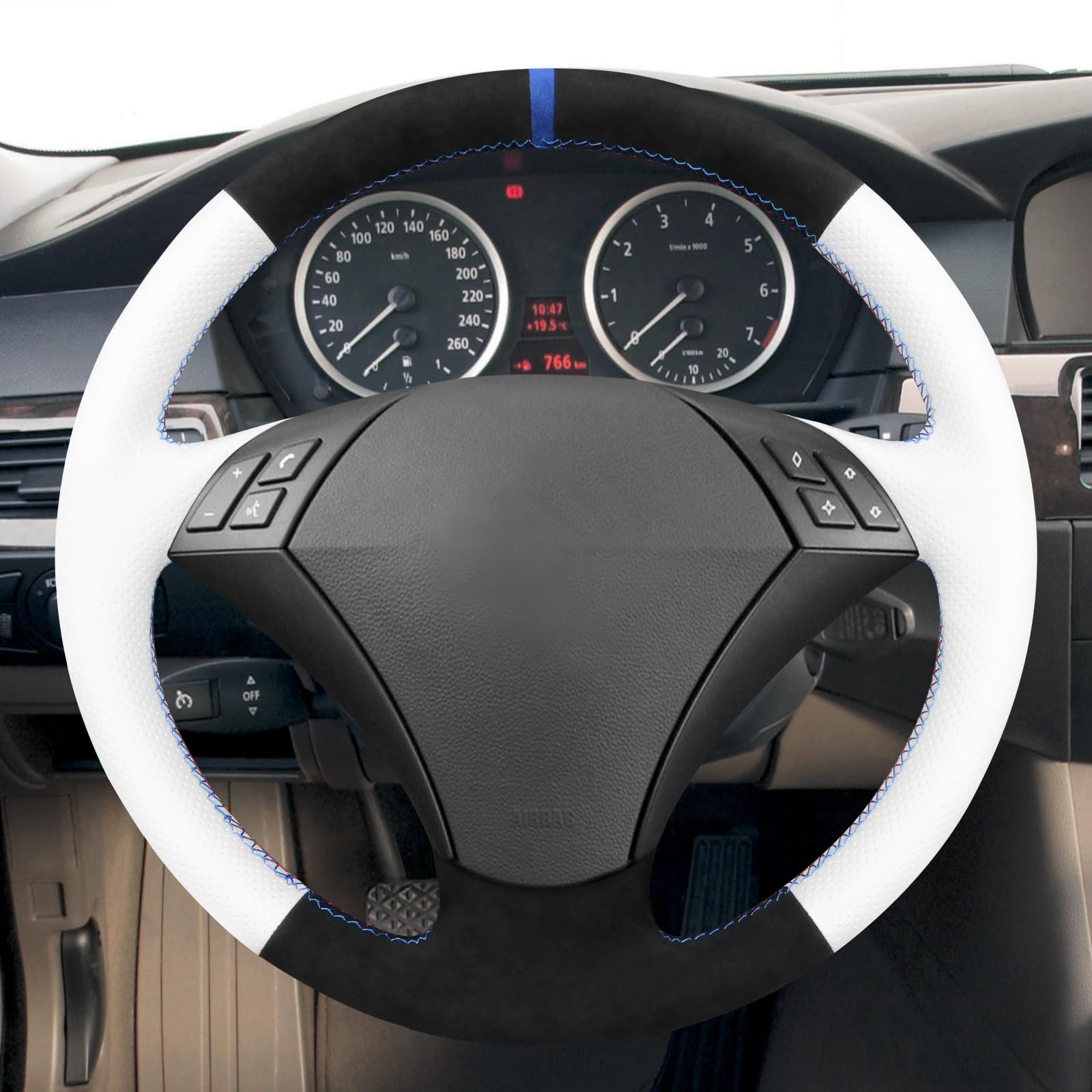 MEWANT funda para volante de cuero blanco con costura DIY para E60 (sedán) 530d 2003-2009 E61 (touring) 2004-2009 Accesorios para volante para E60 530