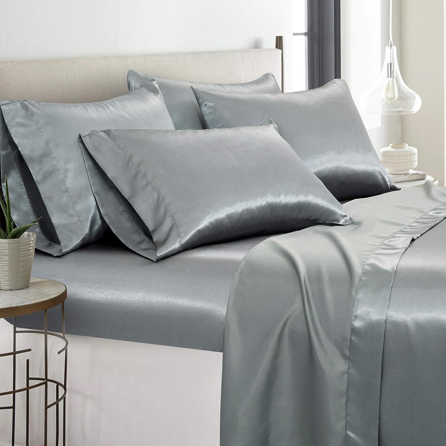 ARTALL Silky Satin Super Soft 6 Piece Deep Pocket Bed Sheet Set, Grey, King Size