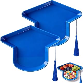 Wehhbtye 2 Pcs Graduation Cap Serving Trays, Fillable Grad Cap Serving Dish with Tassel, Reusable Plastic Graduation Hat Food Container for 2026 Graduating Party Supplies Table Decoration (Blue)
