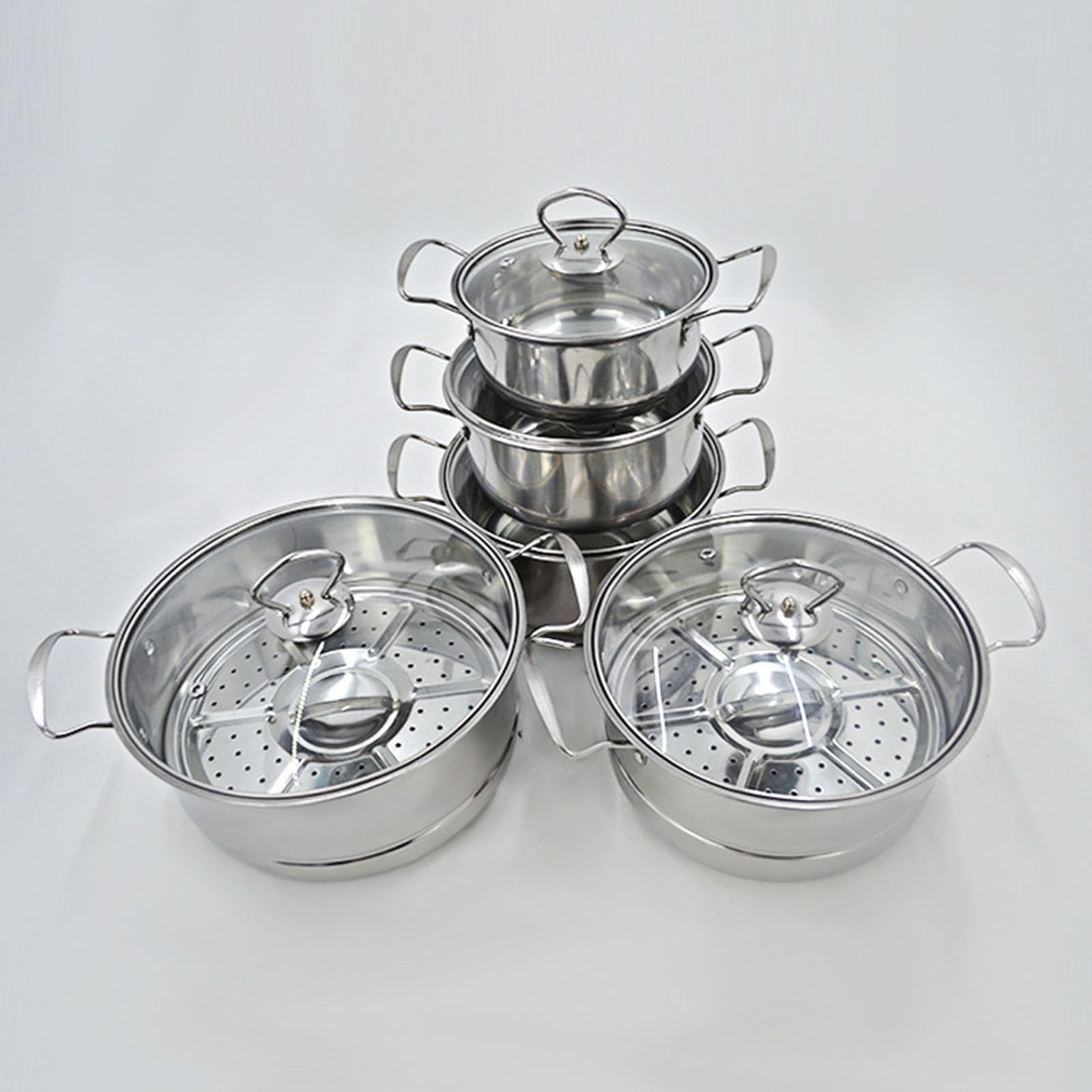 Edelstahl Kochgeschirr-Set, 5-teiliges Suppentopf mit Glasdeckel und Dampfschalen, kompatibel mit Gas- und Induktionsherden