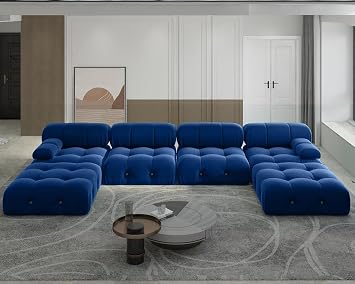 JACH 138" Modular Sectional Couches, U Shaped Minimalist Velvet Sofas, Convertible Sectional Sofa, Modern Comfy Couch with Chaise Ottomans for Living Room Apartment, Blue