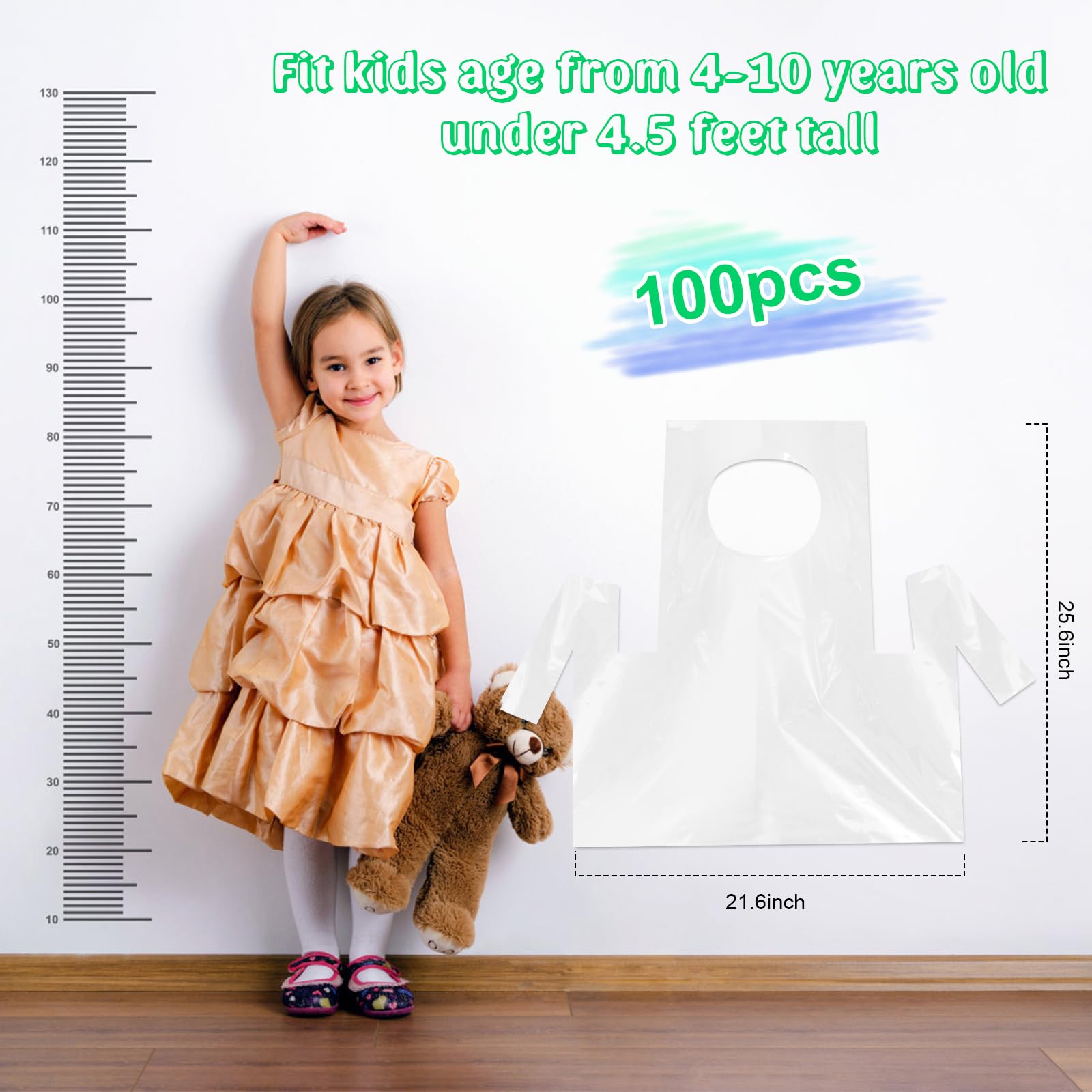 Noaya 100PCS Disposable Kids Aprons, Perfect for Creative Kids Plastic Aprons for Painting Cooking, Eating, Teaching, Picnic - Image 3