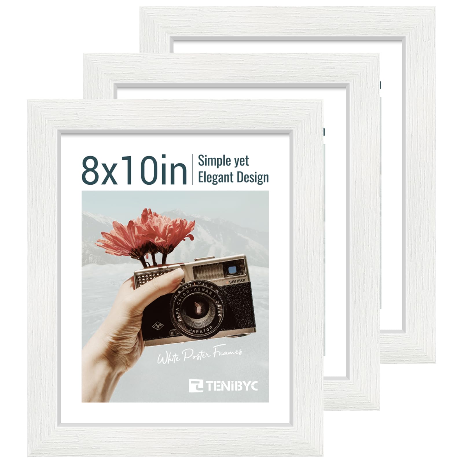TENIBYC 8x10 Picture Frame Set - 3 Pack, Textured White Solid Wood, HD Tempered Glass, Gallery Photo Frame, Table or Wall Display