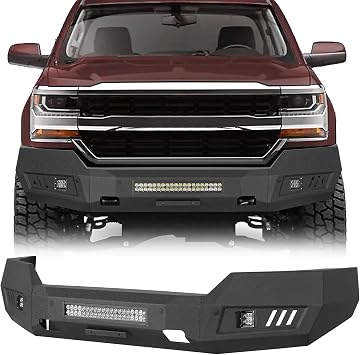 Full Width Front Bumper for 2016-2018 Chevy Silverado 1500 | 120W Light Bar & 2x 18W LED Lights, License Plate Mount, Retains Tow Hooks, Light Off-Road & Daily Driving, No-Drill