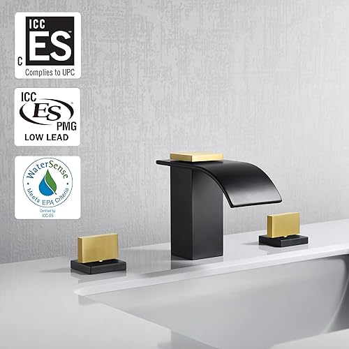 Vista 17 de SUMERAIN Grifo de baño de cascada de oro cepillado 3 agujeros 8 pulgadas grifo de lavabo de baño extendido