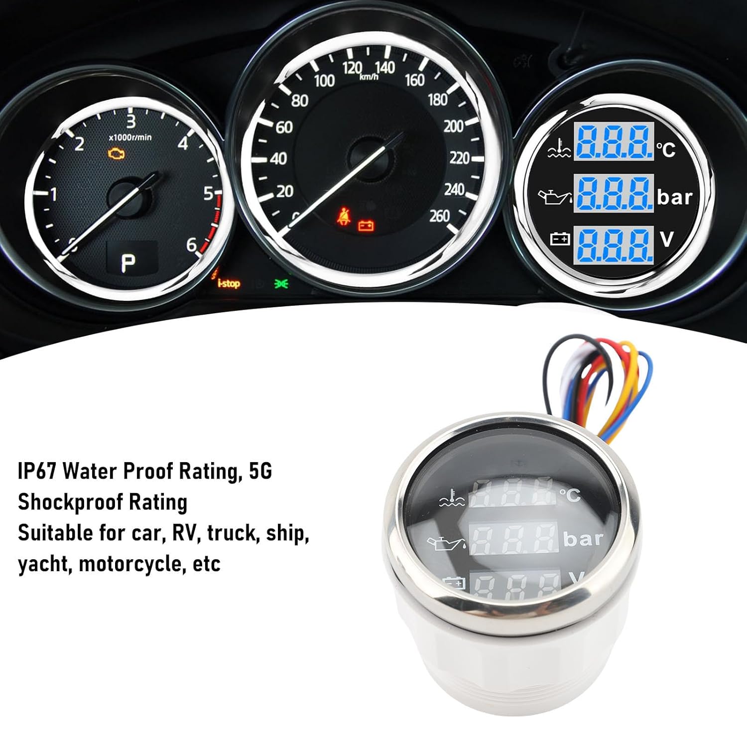 3 in 1 Car Marine Gauge Set, 52mm Triple Gage Set Water Temp Gauge ° F Oil Pressure Gauge PSI Voltmeter, Instrument Sensor Kit for Truck Boat Vehicle (Black Dial Silver Cover)