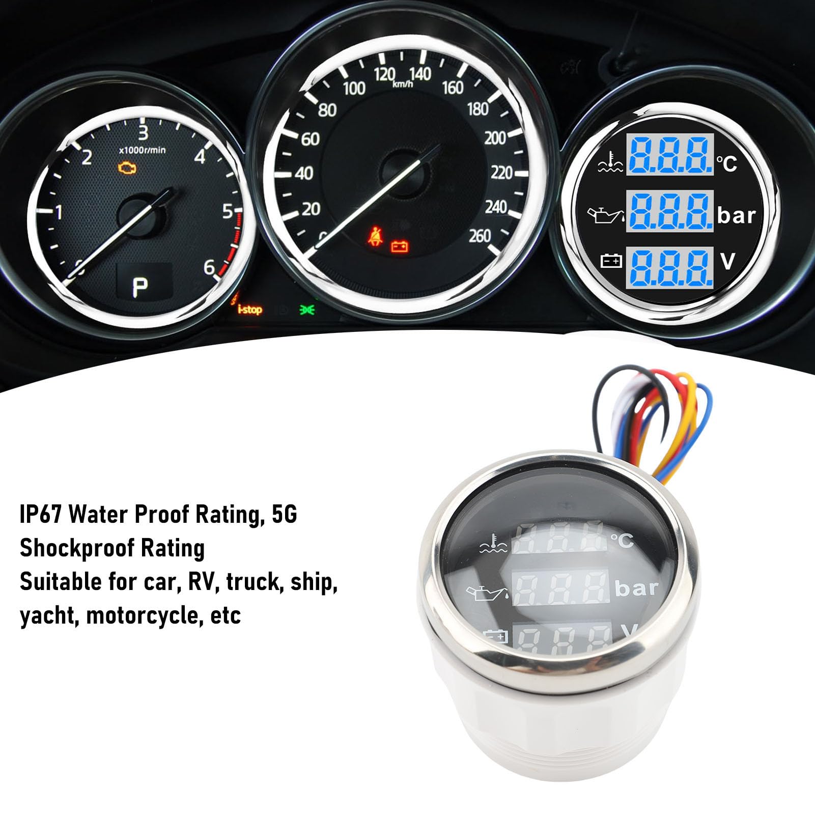 3 in 1 Auto -Meeresmessgerät, 52 Mm Dreifachmessgeräte Wassertemperaturmesser ° F Öldruckmesser Psi Voltmeter, Instrumentensensor -Kit Für LKW (Schwarzes Silberabdeckung)