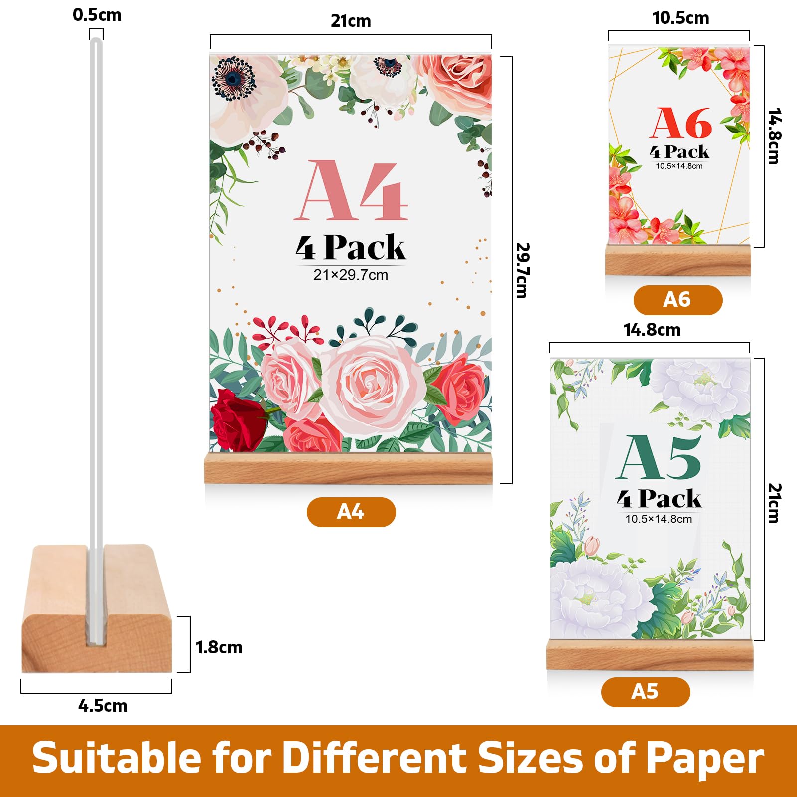 QWORK® 4 pezzi A5 supporto per segni in acrilico a forma di T su entrambi i lati, Supporti per menu in perspex trasparente per ufficio, ristorante e uso domestico