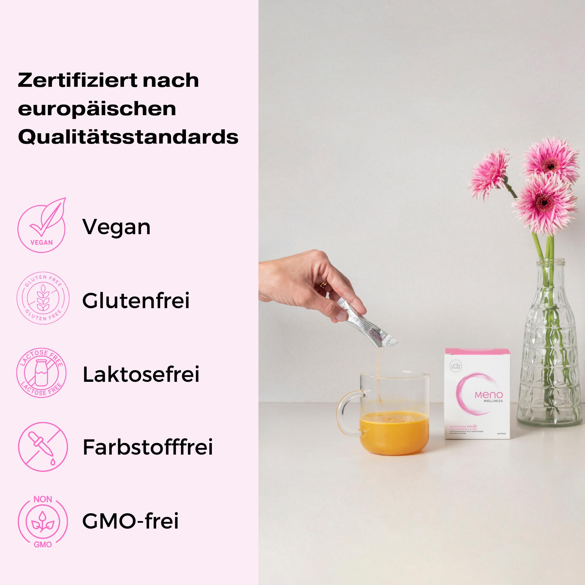 Nahrungsergänzung für die Wechseljahre – Maca, Sanddorn OMEGIA™ + Zink + Vitamin B6 + C + E – Hormonelle Balance & Energie für Frauen – 28 Sticks | UNIK HEALTH