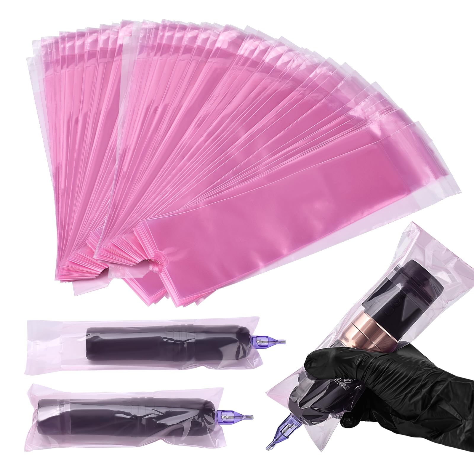 BAMTTOO 200pcs Tattoo Machine Covers Large Self Sealing Tattoo Pen Covers 2.5x8.6inch Disposable Cartridge Tattoo Machine Sleeves Bags Tattoo Supplies (Pink