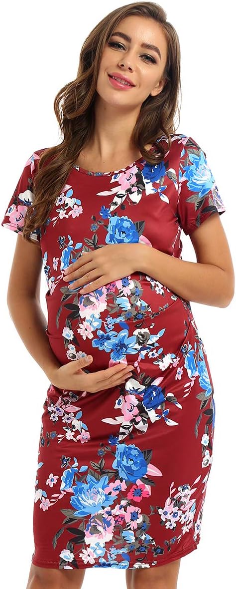 Alvivi Women's Flower Printed Short Sleeves Pregnant Maternity Dress Knee Length Silky Bodycon