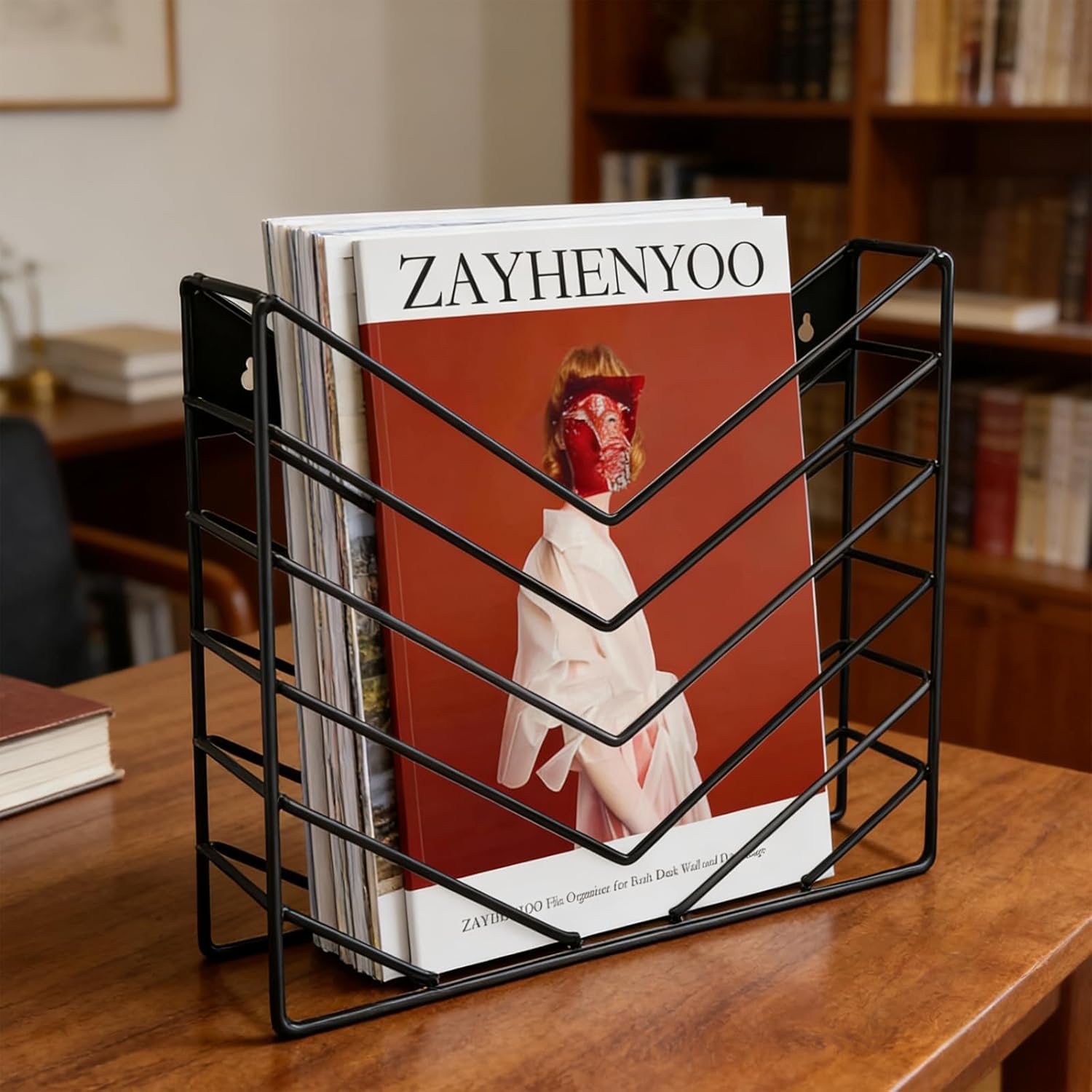 ZAYHENHYOO Wall Mounted Magzine Organizer, Wall Mounted Magazine Holder Metal for Hanging And Desktop Stand, Hanging Wall File Bracket for Home, Office Storage (2P Black)