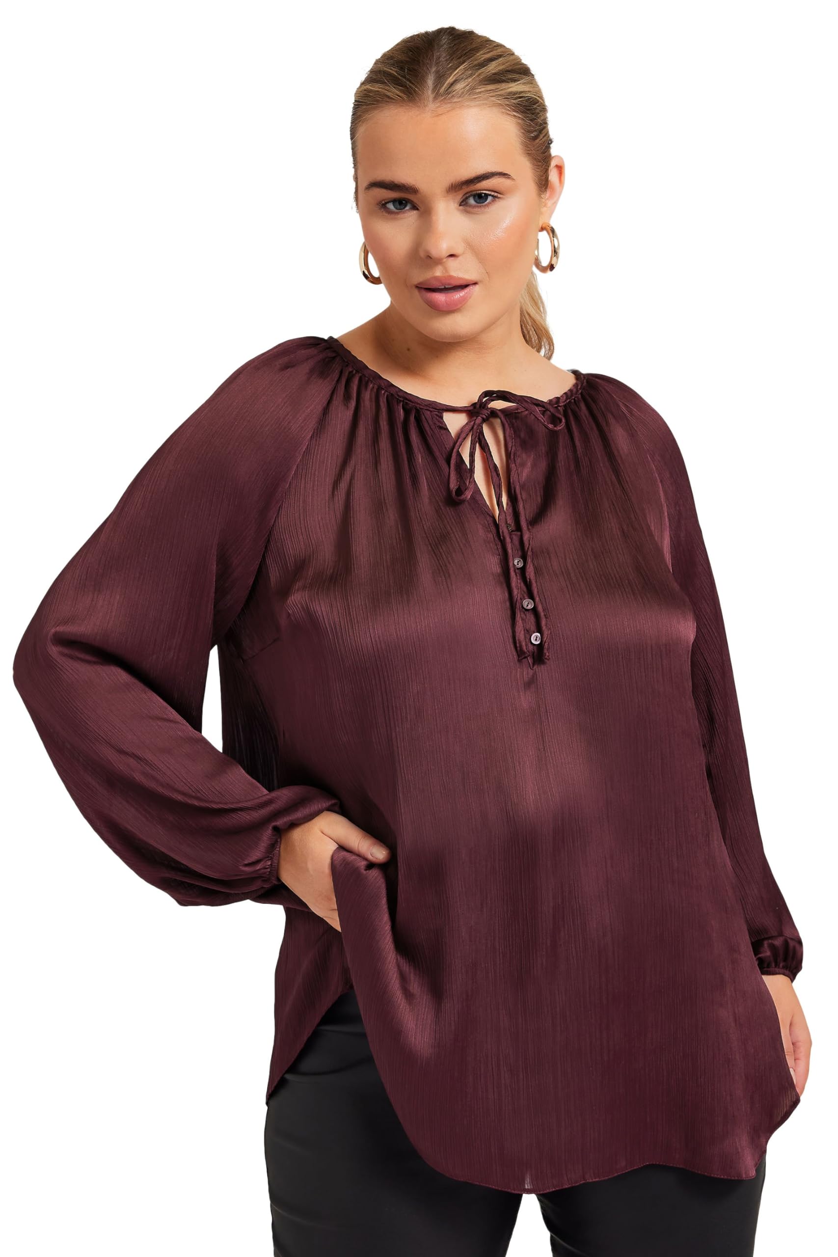 Yours Women's Burgundy Tie Neck Blouse In | Size: 18