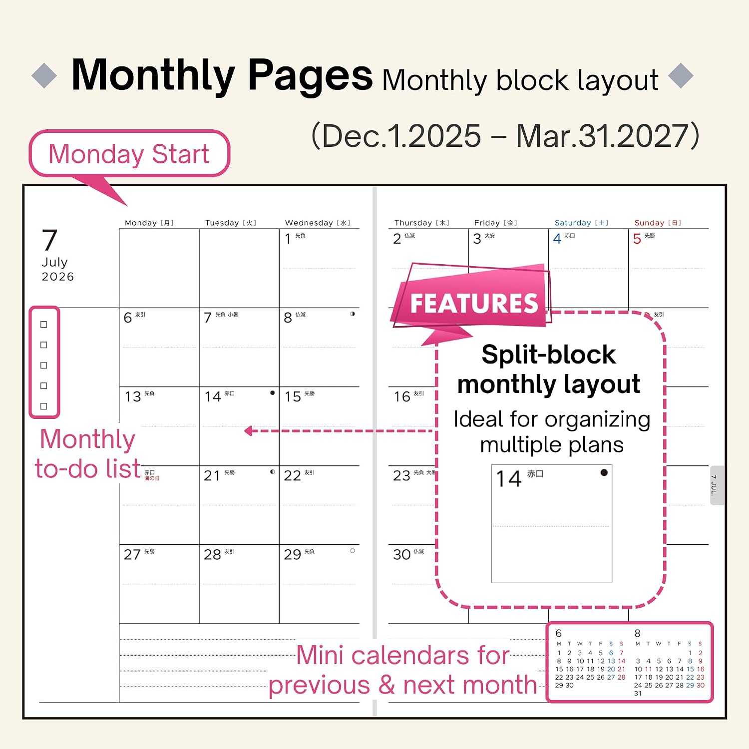 torinco 1（No.554） 2026 Japanese Daily Planner (B6 Slim 4.7'' x 7.2'') 1 Page Per Day with Blue Grid + Monthly Split-Box Blocks, Easy-to-Use, Clean Layout for Everyday Planning - Cool Blue