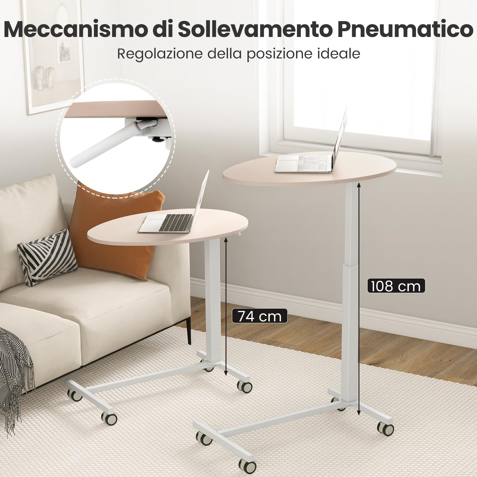 COSTWAY Tavolino da Letto e Divano per PC, Tavolino Regolabile in Altezza con Ruote Bloccabili e Piano Ovale, Tavolo per Mangiare e Lavorare, 76 x 50 x 74-108 cm