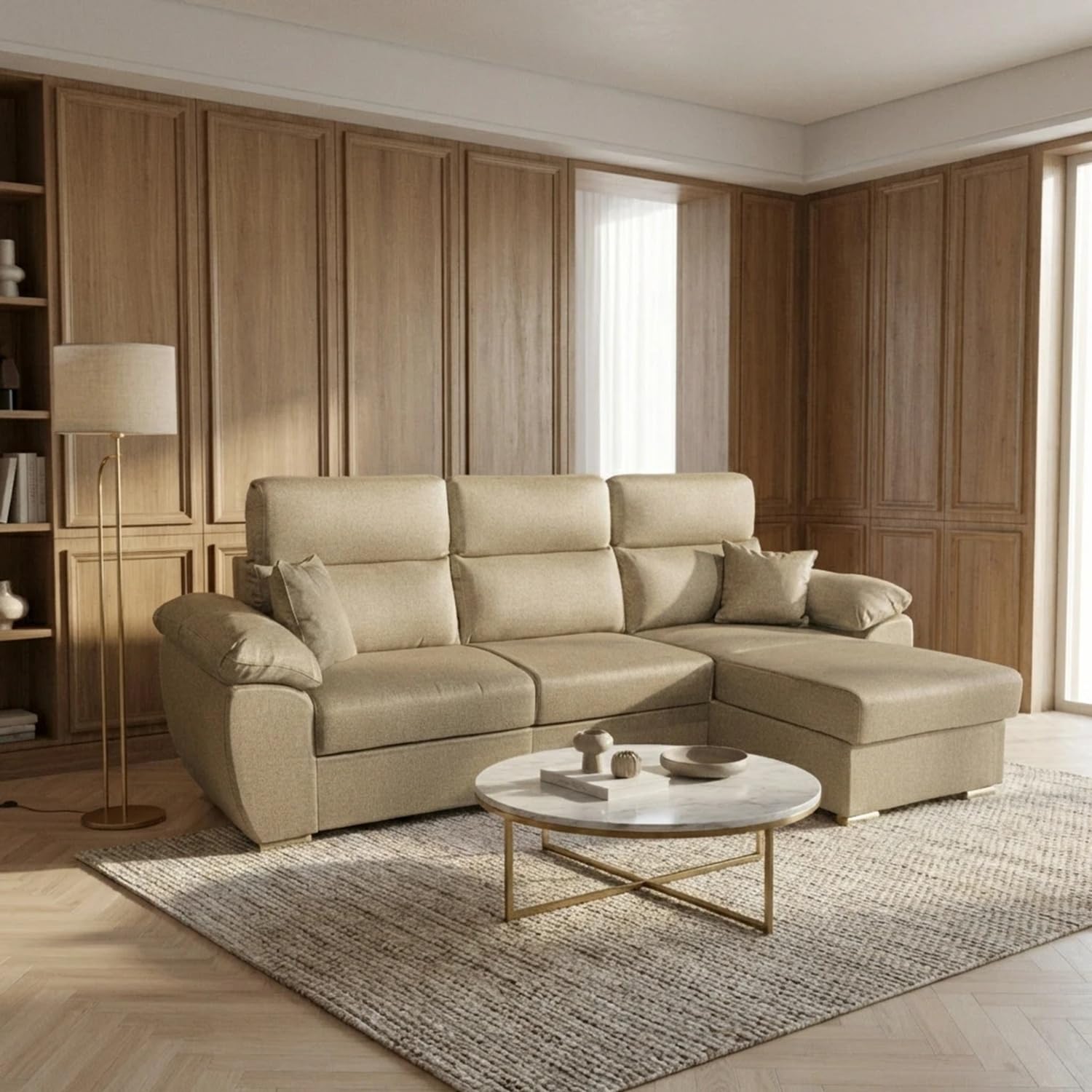 Divano Angolare 3 Posti Moderno con Chaise Longue Letto Estraibile in Tessuto Dimensioni 265x91-102x166 cm colore Cappuccino