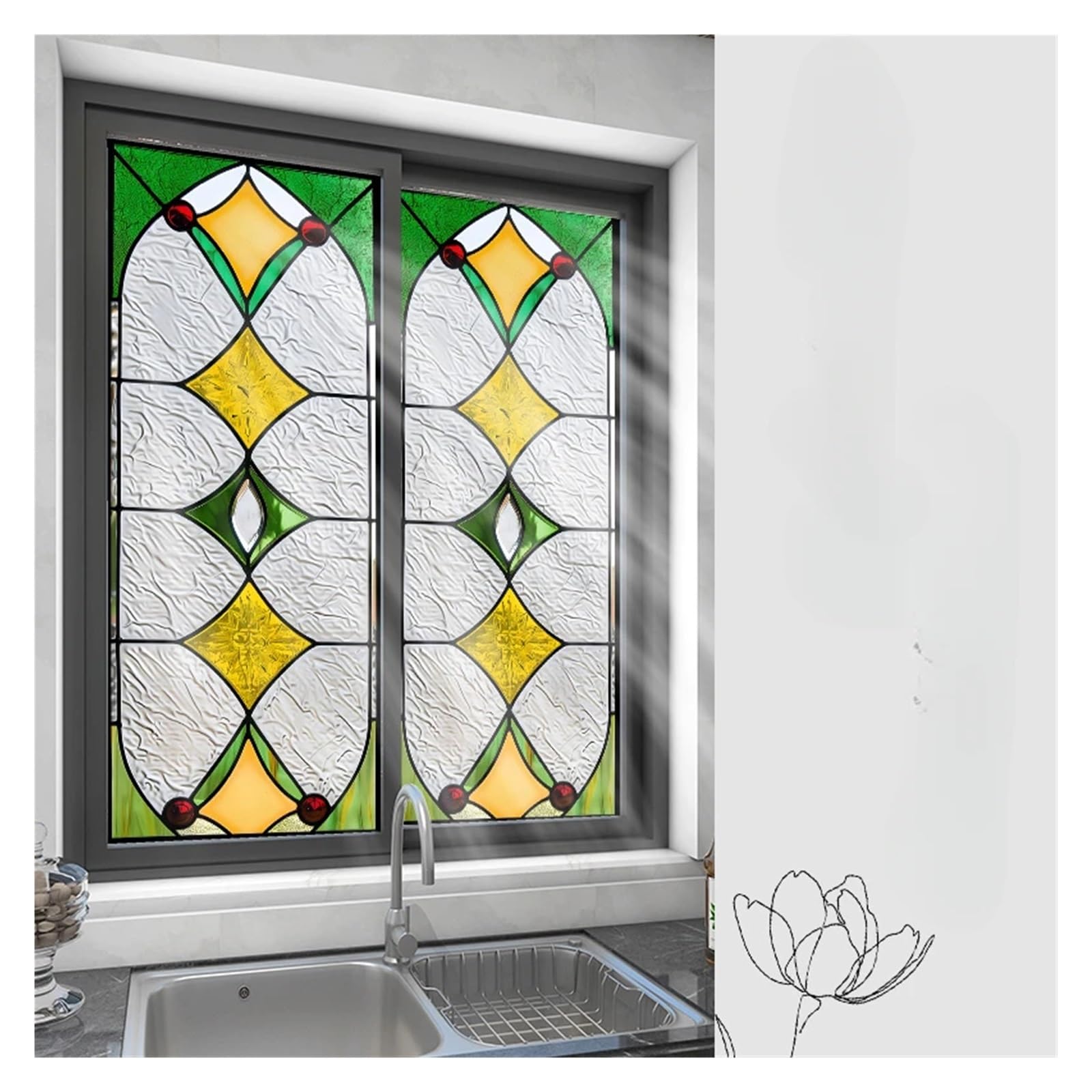 Retro-Fensterfolie Buntglasfolie, Retro-Aufkleber aus elektrostatischem Milchglas, Fensterfolie, Fensteraufkleber, Buntglas Fensterfolie Badezimmer(AZ016,60x100cm)
