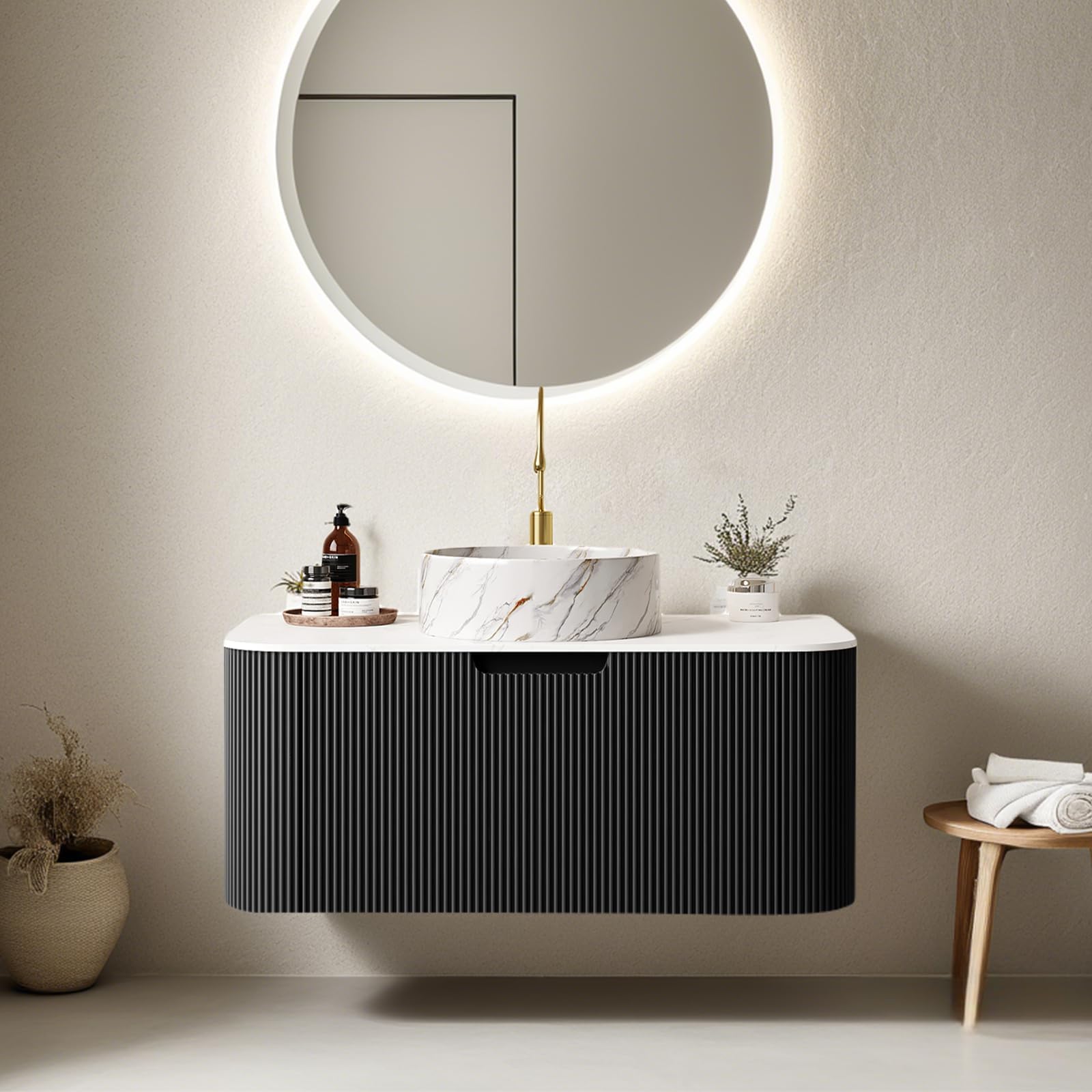36" Floating Bathroom Vanity with Sink, Natural Solid Wood Modern Bathroom Vanities with Ultra-Thin Marble Ceramic Basin and Top, Soft-Close Design, Pre-Assembled, Gloss Black