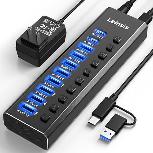 Powered USB Hub 3.2, LEINSIS 10-Port USB 3.2/USB C Hub (10Gbps USB-A 3.2 +2 USB-C 3.2 +7 USB 3.0 Ports) with Individual On/Off Switches and 12V Power Adapter, Aluminum USB Hub Powered for Laptop PC - 10-Port USB 3.2 Hub - Light Black
