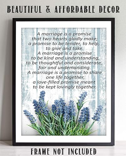 Miniatura 6 de Romántico, con texto en inglés "A Marriage is a Promise." Staying Together, aspecto vintage de madera con flores de lavanda azules y palabras