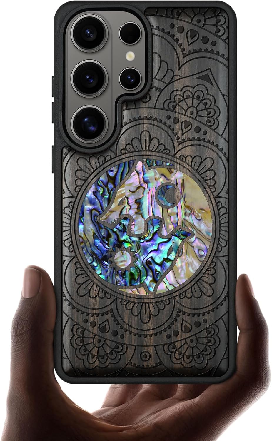 Carveit Magnetic Wooden Case for Samsung Galaxy S26 Ultra Case, Wood Artisan Engraved & Handmade Shell Inlaid, Compatible with MagSafe Wireless Chargers (Shell Yin Yang Wolf) Blackwood