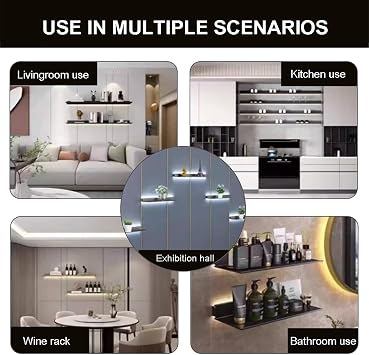 Modern Floating Shelves Set of 2 with LED Lights, Metal Wall Mounted Display Racks for Home Decor,Living Room, Kitchen, Bathroom Storage & Ambient Lighting