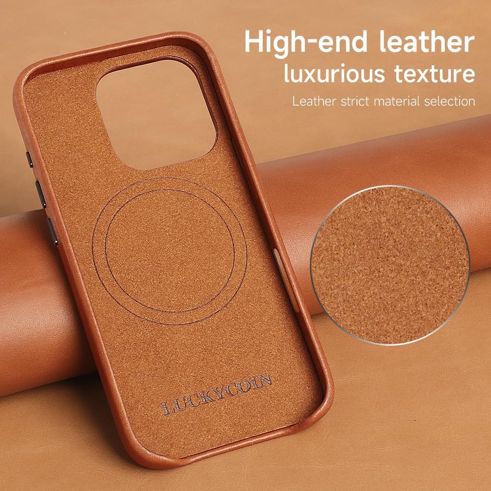 Compatible with MagSafe Genuine Leather Phone Case for Apple iPhone 16 Pro 6.3 in Brown,for Wireless Charging Protective Case with Strong Magnetic,Metal Buttons Camera Bezel Bump Slim Fit Soft