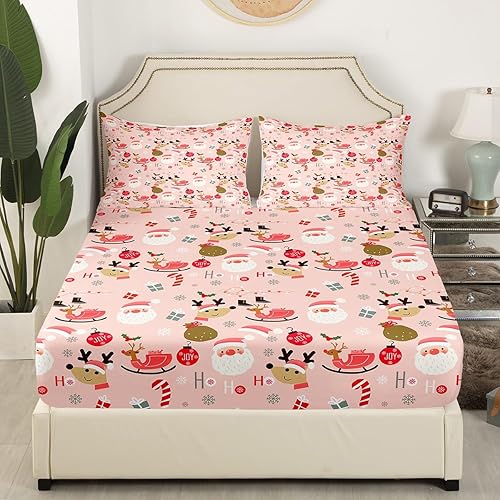 Miniatura 3 de Manfei Juego de sábanas de Navidad tamaño individual, juego de ropa de cama de Papá Noel y reno para decoración de habitación de niños y niñas,