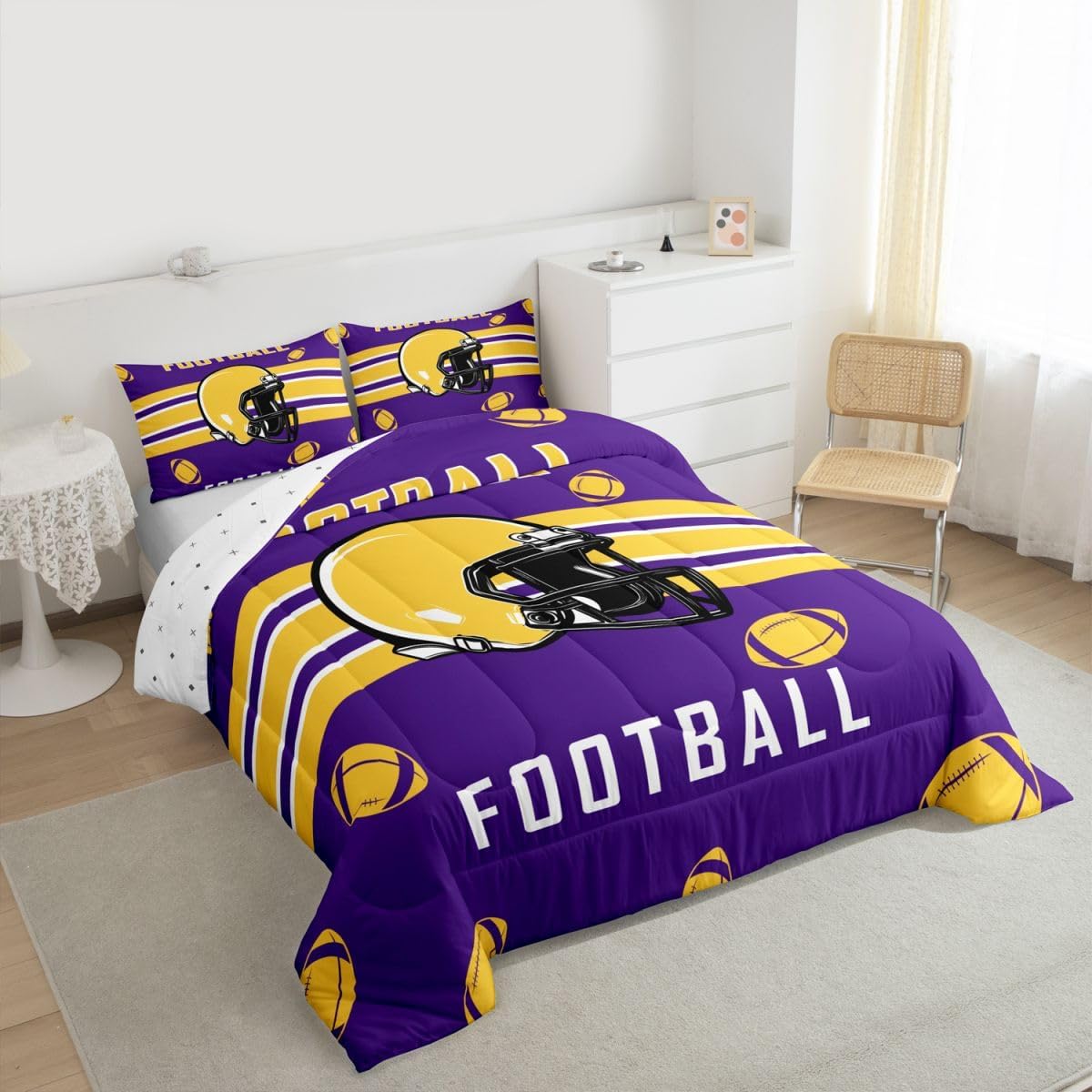 jejeloiu Football Bedding Set Boys Girls Twin Size Rugby Sports Comforter Set Women Men Football City Duvet Quilt Purple Yellow Room Decor