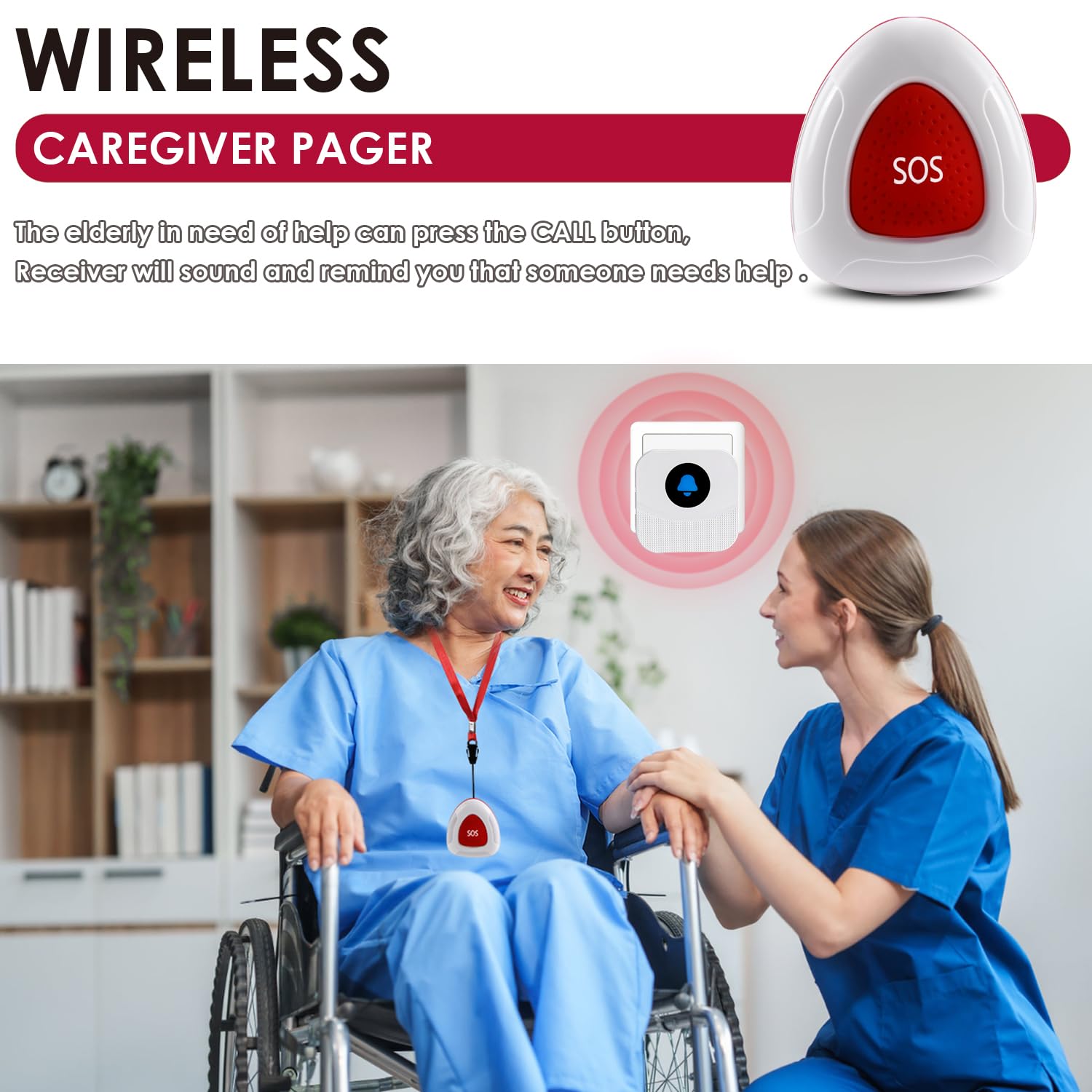 Sistema di chiamata infermiera wireless per uso domestico, 2 ricevitori di allarme plug-in e 2 pulsanti di aiuto impermeabili, portata di oltre 150 m, per anziani/pazienti/disabili