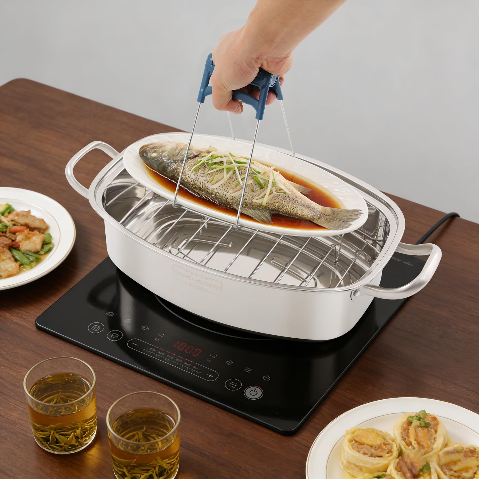 Edelstahl Dampfgarer Topf Set, Gas-, Elektro- & Induktionskochfeldern kompatibe, ovales Mehrzweck-Kochgeschirr mit Glasdeckel, Dampfeinsätze, Timer und Zange, für Fisch, Suppe & Dünsten (1 Etagen)