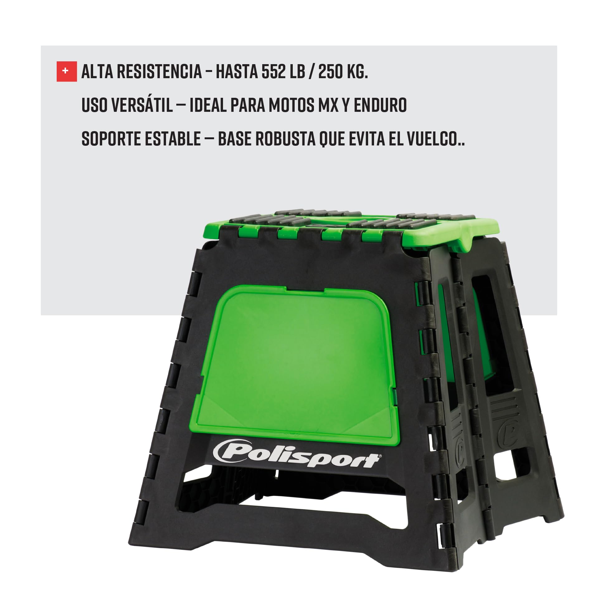 Polisport Off Road 8981500005 Caballete Plegable para Moto – Ligero, Motocross, Caballete Moto, Off-Road, Compacto, Portátil, 250 Kg, Podio Oficial FIM, Caballete Moto, Verde