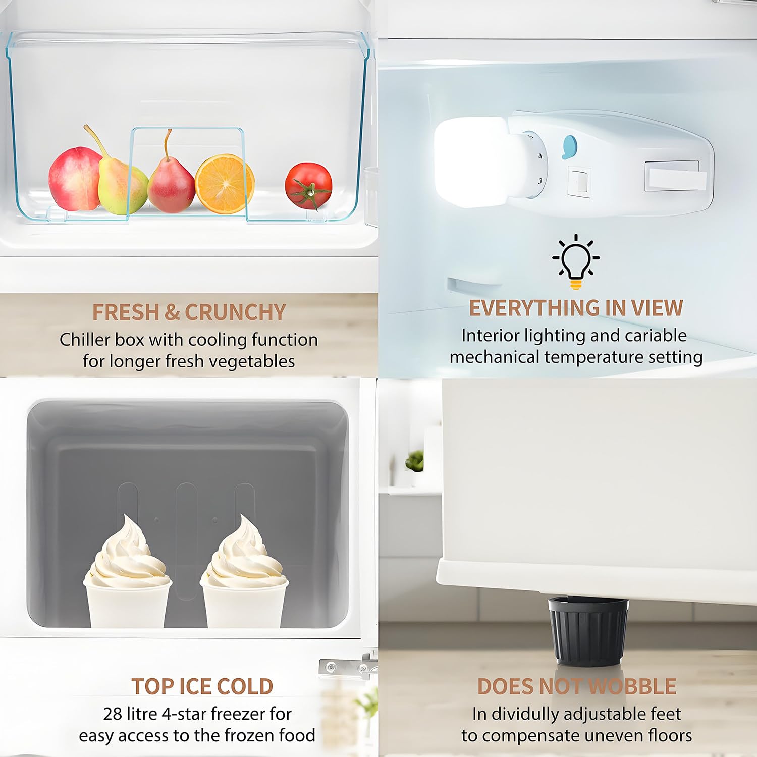 Minifrigorifero retrò con funzione congelatore, due porte, 92 l, scomparto congelatore a 4 stelle, illuminazione a LED, 116 kWh/anno, compatto e indipendente, volume congelatore 28 l,White