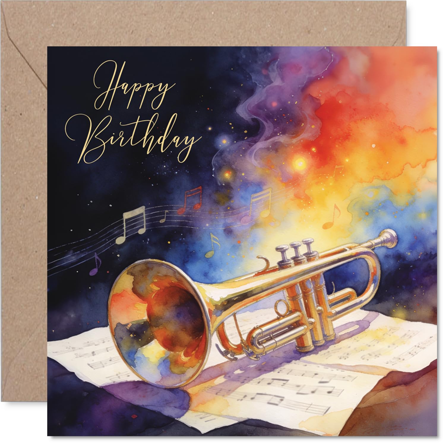Heartfelt Birthday Card - Strike Up the Birthday Band - Vibrant Watercolour Trumpet and Musical Notes - 145mm Square, Envelope Included