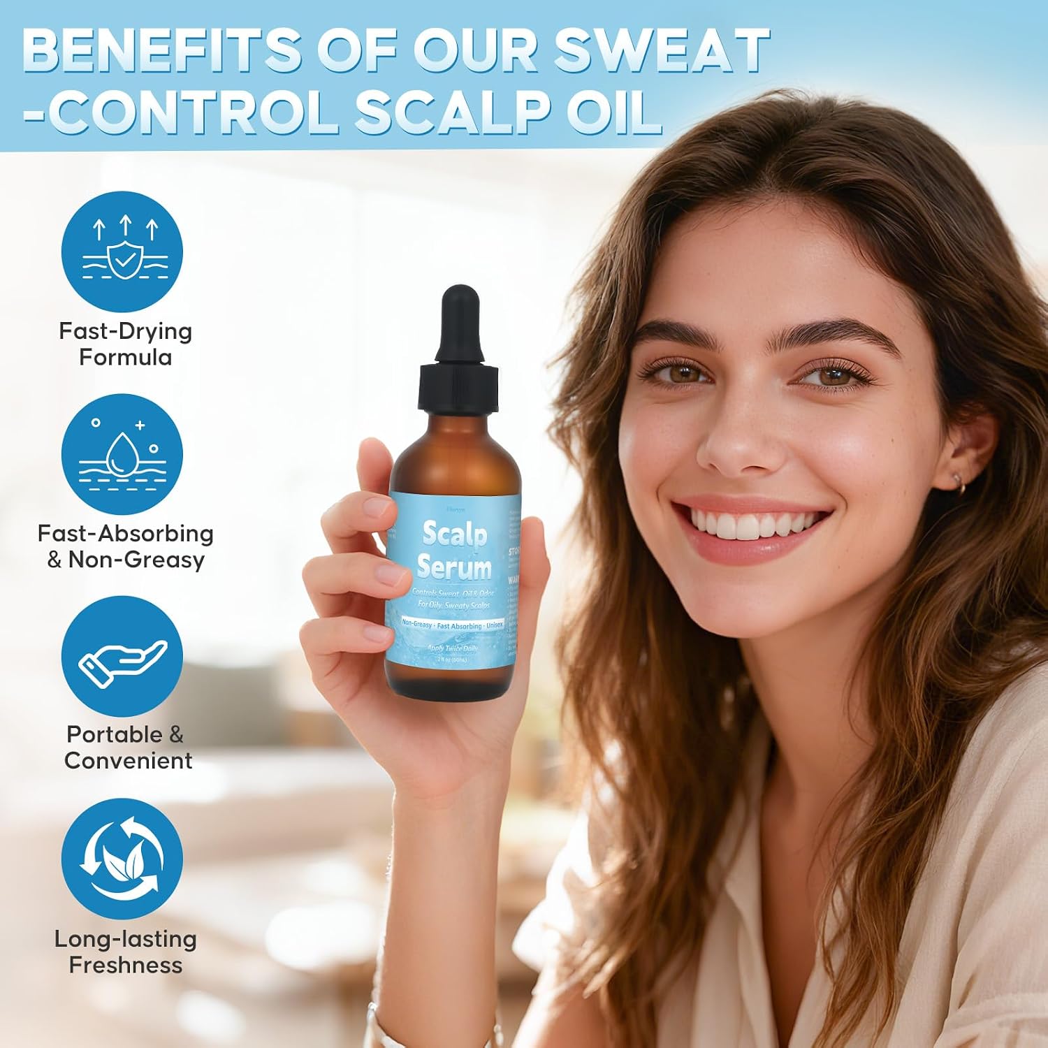 Scalp Serum for Sweaty Scalp & Oily Hair – Sweat Control, Oil Balance & Odor Care – Lightweight Non-Greasy Formula, Fast Absorbing with Argan Oil & Ginger Root – 2 oz