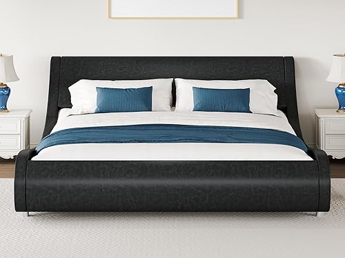 Miniatura 3 de WEEWAY Base de cama moderna de plataforma tapizada tamaño Queen, cama de trineo de piel sintética con cabecera ajustable, soporte de listones de