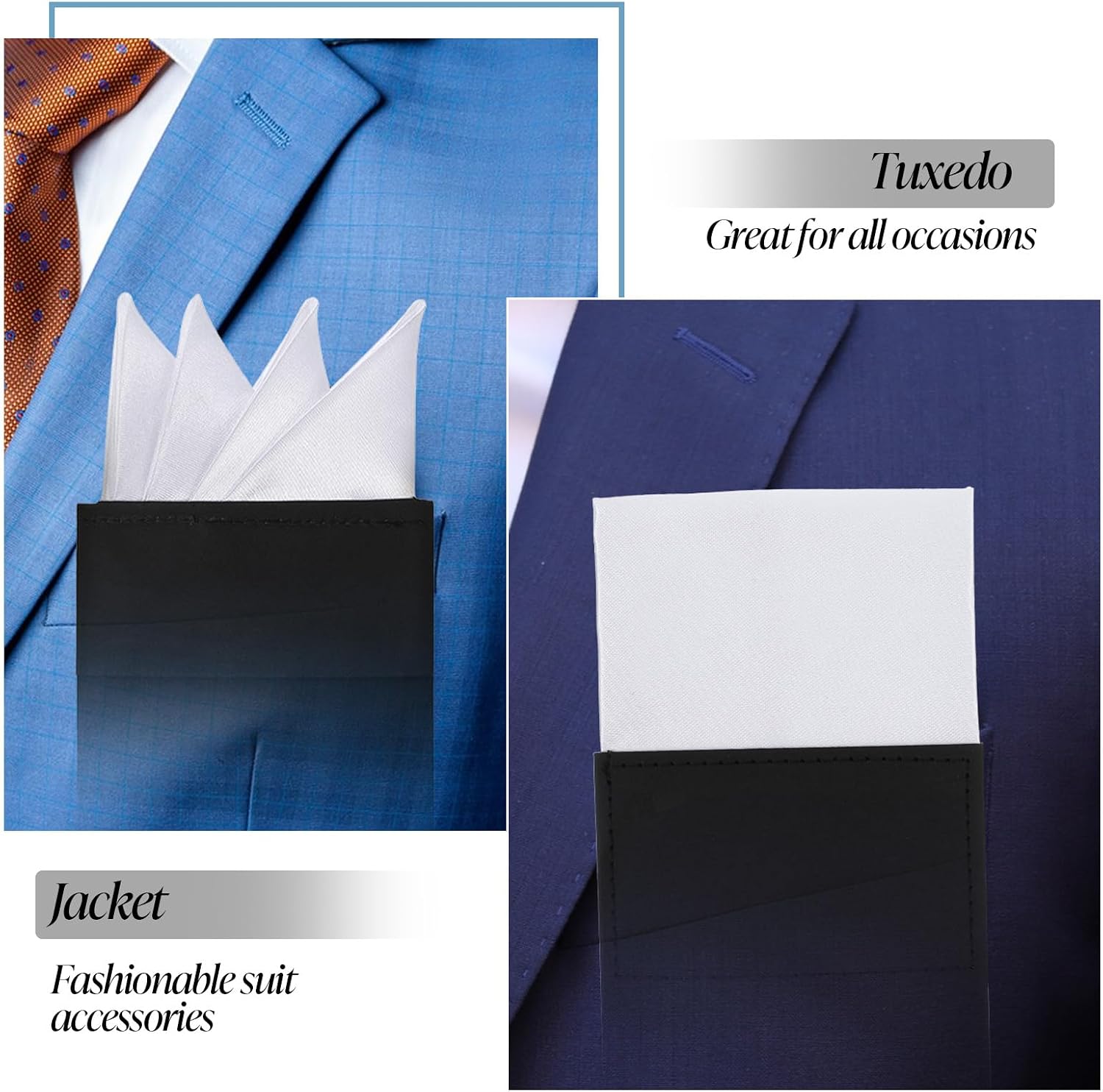 Sibba Prefolded Pocket Squares for Men 2PCS Black & White Pockets Handkerchiefs Ready-to-Wear Pocket Square Set Soft Silk Feel Easy Fold Mens Accessories for Suit Tuxedo Wedding Business Formal Events