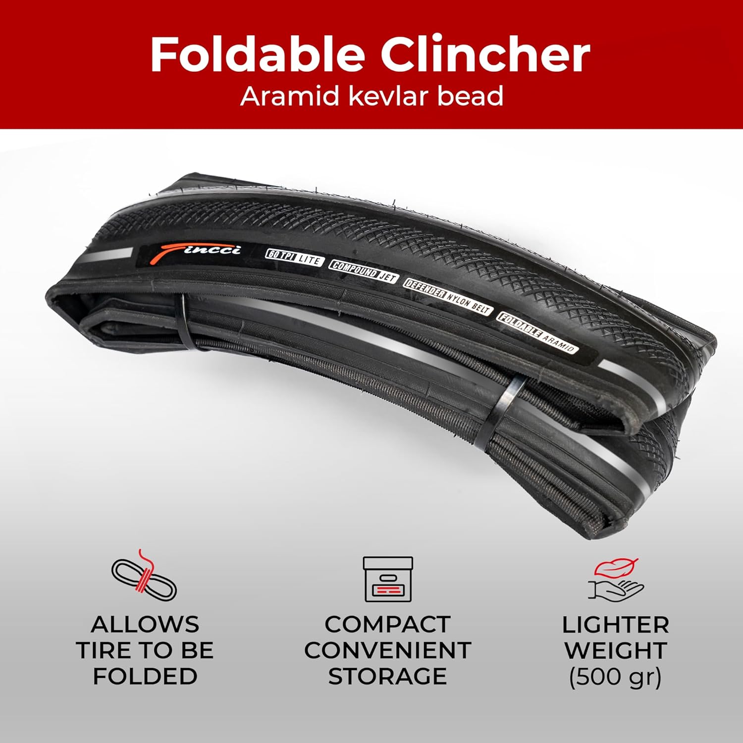 Fincci Foldable 700x28c Tire - Road Bike Tires 28-622 with Nylon Anti Puncture - Black 700c Bike Tire Puncture Proof with Kevlar for Racing, Hybrid, Folding Bicycles - Flatless Tires 28 inch