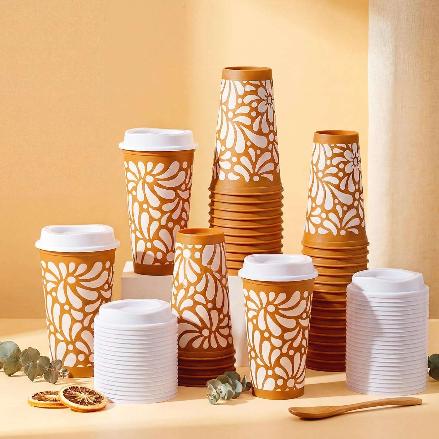 LemonRoad 20 Pcs Mexican De Barro Reusable Coffee Cups 16 oz with Lids, Plastic Hot Tumblers Bulk, Coffee Cups for Holiday Party Supplies