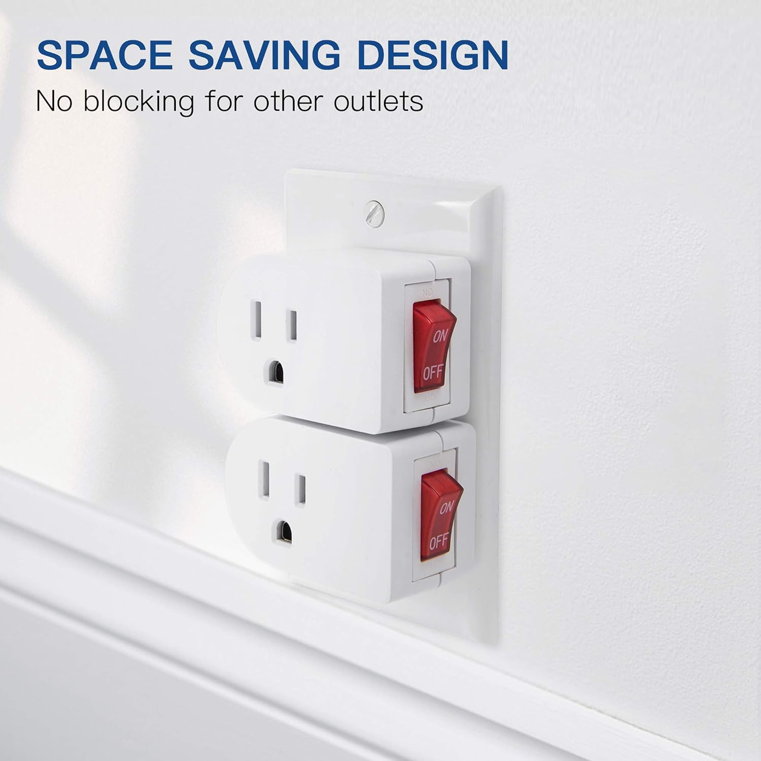 JACKYLED 3 Prong Grounded Outlet Adapter with ON OFF Switch and Red Indicator, ETL Listed White Receptacle Single Port Power Outlet Switch, Electrical Wall Tap Adapter for Home and Office, 4 Pack