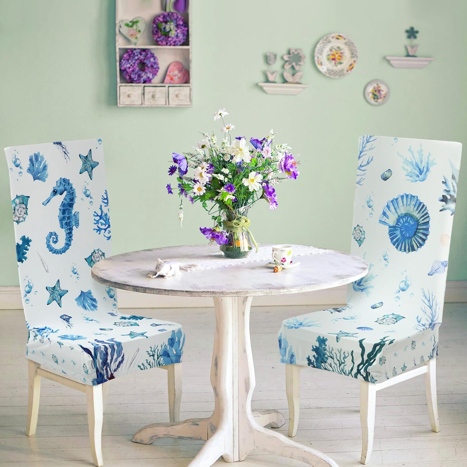 SmoothNovelty 6 Pcs Ocean Chair Covers Marine Organism Stretch Chair Cover Sets Coastal Chair Covers Washable Removable Chair Slipcover for Dining Room Restaurant Banquet Home Decor, 6 Styles