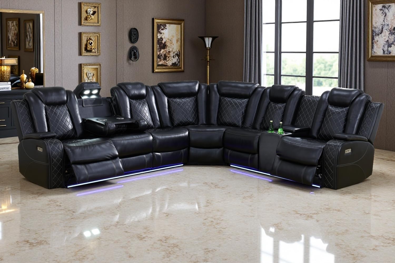 A Ainehome Black Leather Power Reclining Sectional Sofa with LED, Power Recliner Sectional Couch with Recliner Living Room Set with USB Port&Read Light for Living Room