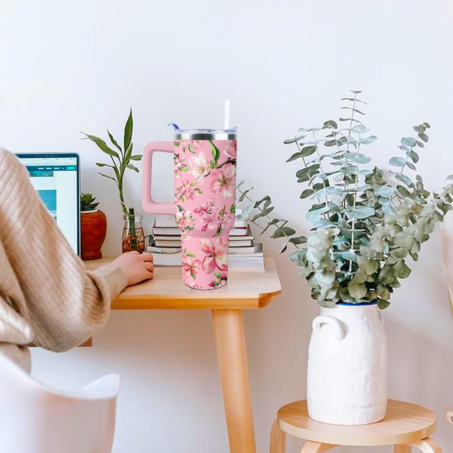 Pink Flowers Tumbler 40 oz Tumbler with Handle and Straw Lid Leak Proof - Pink Floral Coffee Travel Mug with Handle Insulated for Hot and Cold Drink Ice - Christmas Birthday Gifts for Women Lovers Cup - Image 3