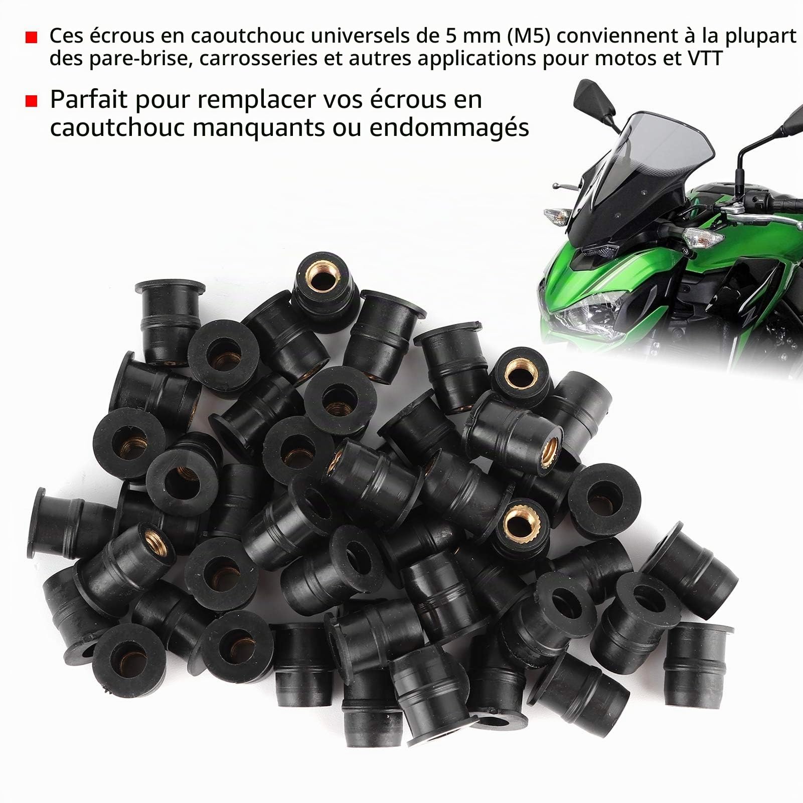 aqxreight Écrous en caoutchouc M5, outil de fixation de fixation de carénage de pare-brise de moto métrique boulon de vis d'écrou de blocage de pare-brise noir 5 mm(A 50 pièces)